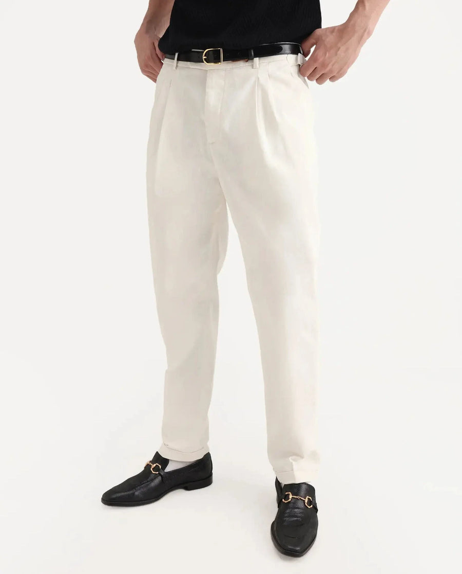 Rare Rabbit Men's Leni White Cotton Blend Plain Baggy Fit Gurkha Trouser