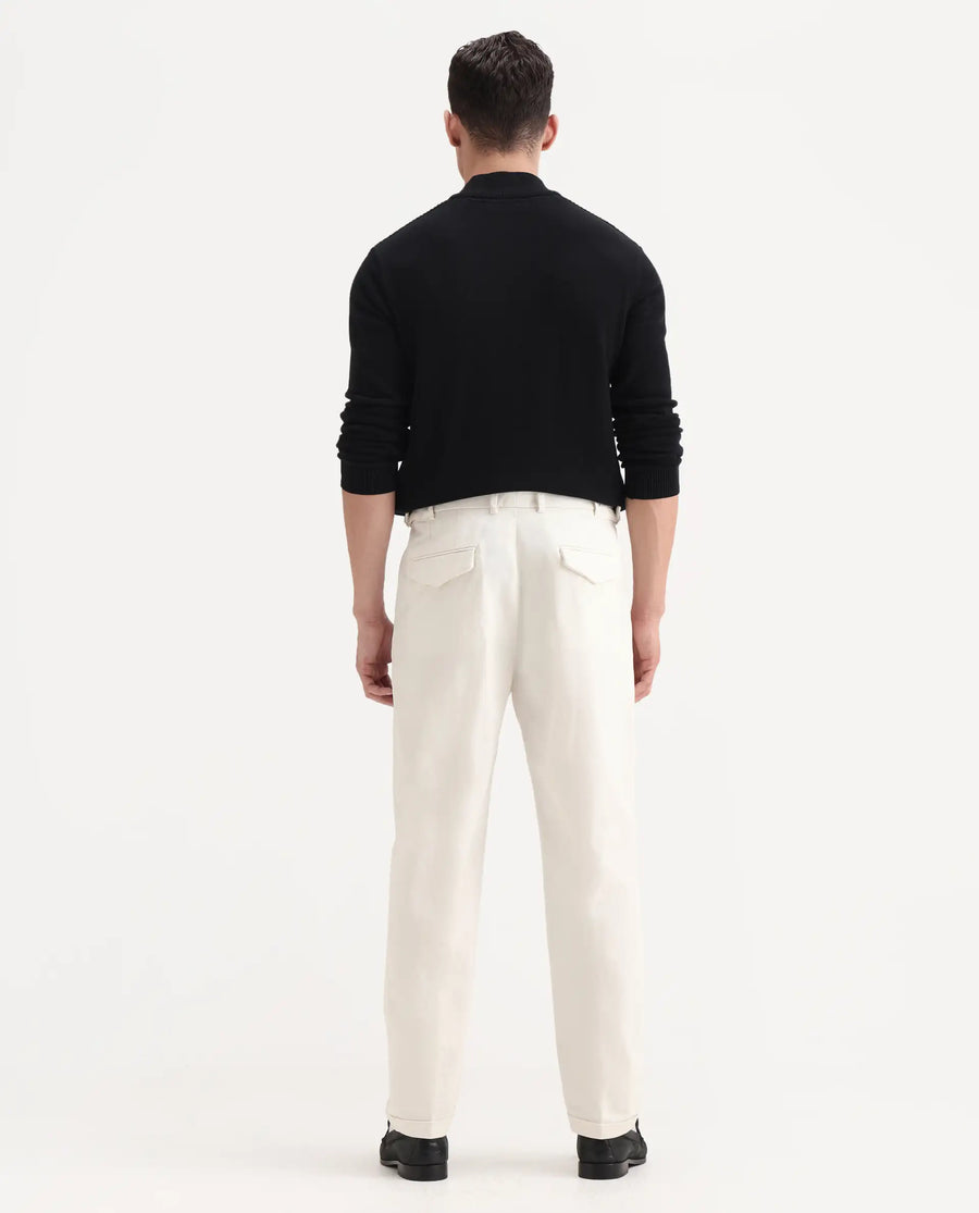 Rare Rabbit Men's Leni White Cotton Blend Plain Baggy Fit Gurkha Trouser