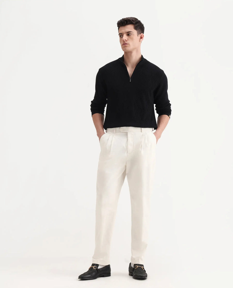 Rare Rabbit Men's Leni White Cotton Blend Plain Baggy Fit Gurkha Trouser