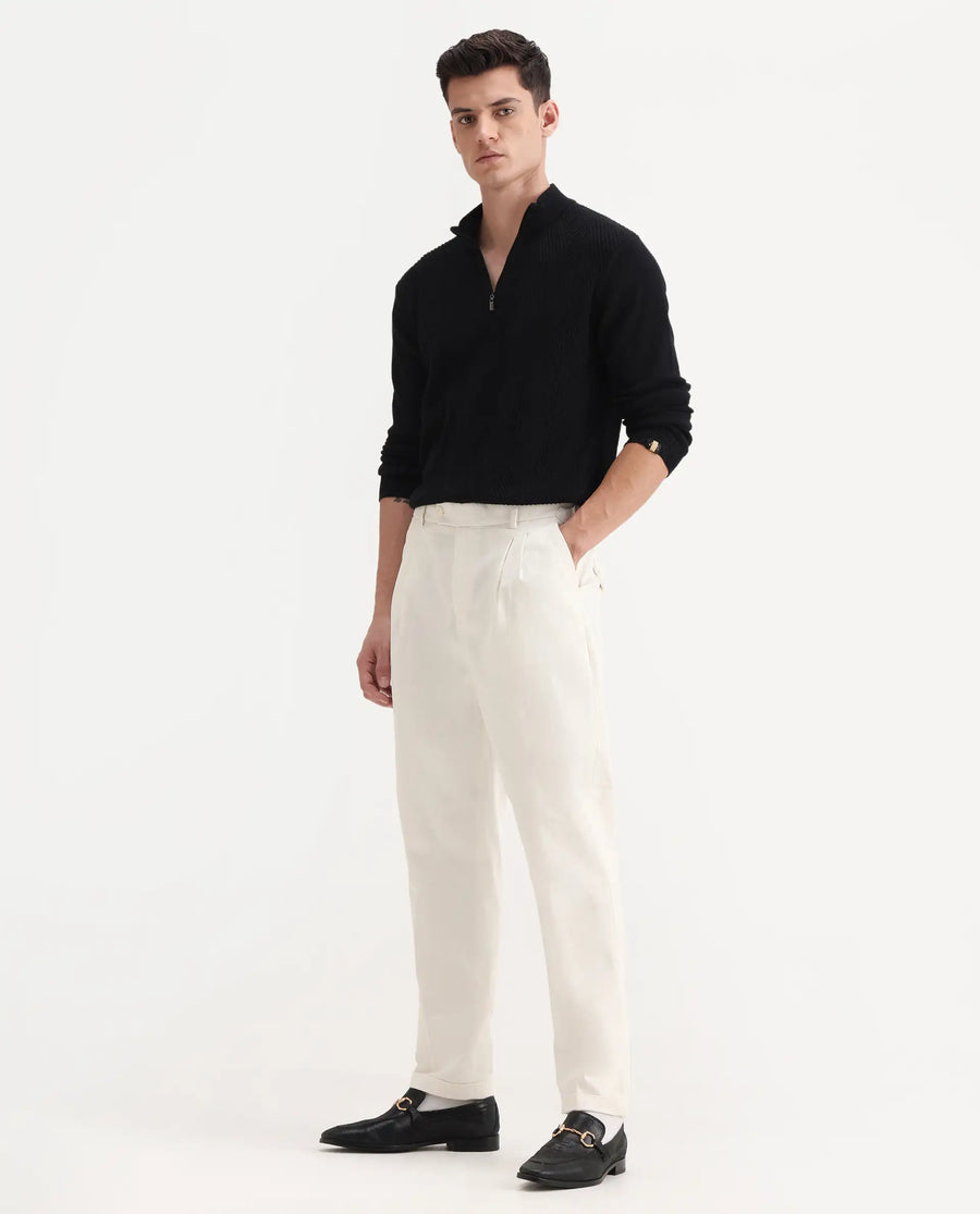 Rare Rabbit Men's Leni White Cotton Blend Plain Baggy Fit Gurkha Trouser