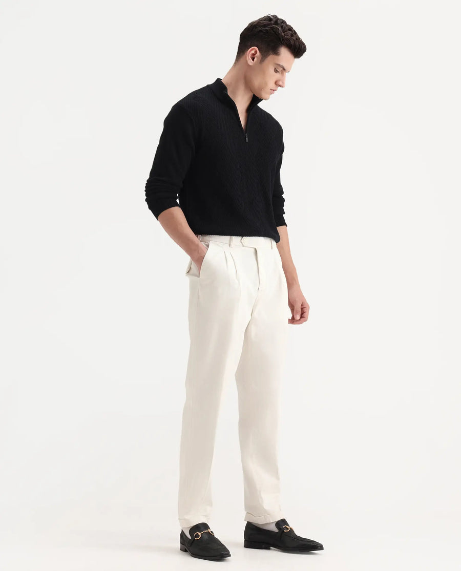 Rare Rabbit Men's Leni White Cotton Blend Plain Baggy Fit Gurkha Trouser