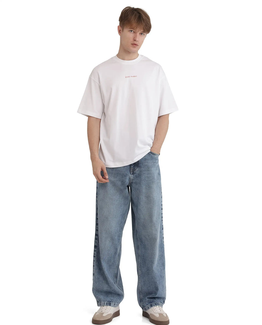Rare Rabbit Men's Len White Cotton Blend Typography Print Oversized Fit Half Sleeve Crew Neck T-Shirt