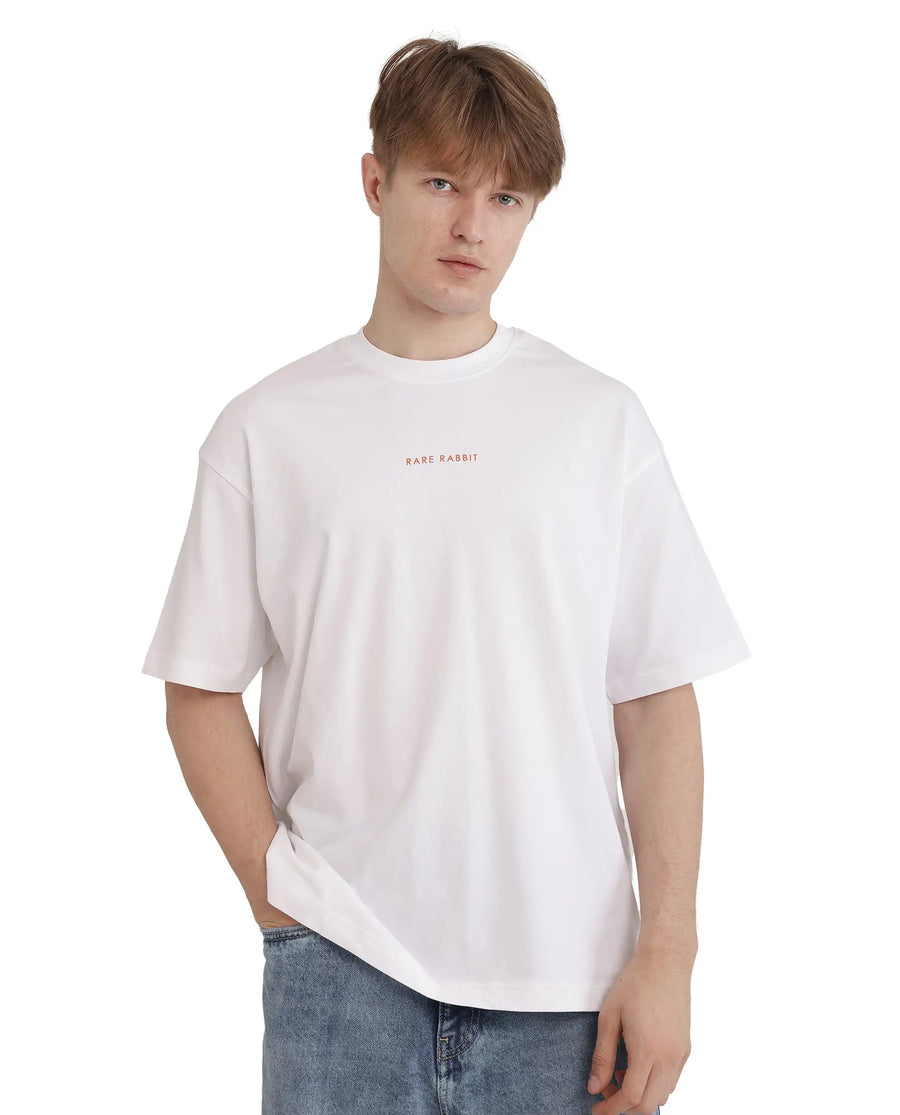 Rare Rabbit Men's Len White Cotton Blend Typography Print Oversized Fit Half Sleeve Crew Neck T-Shirt