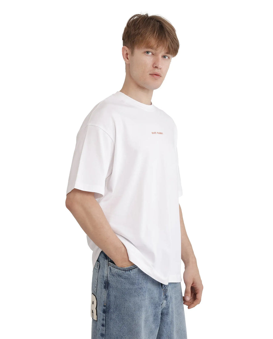 Rare Rabbit Men's Len White Cotton Blend Typography Print Oversized Fit Half Sleeve Crew Neck T-Shirt