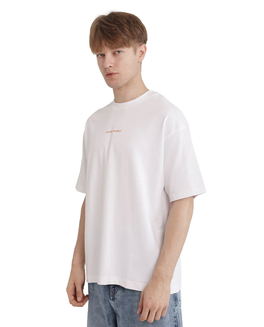 Rare Rabbit Men's Len White Cotton Blend Typography Print Oversized Fit Half Sleeve Crew Neck T-Shirt