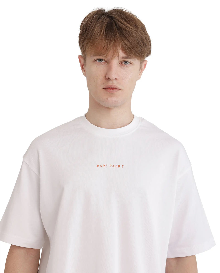 Rare Rabbit Men's Len White Cotton Blend Typography Print Oversized Fit Half Sleeve Crew Neck T-Shirt