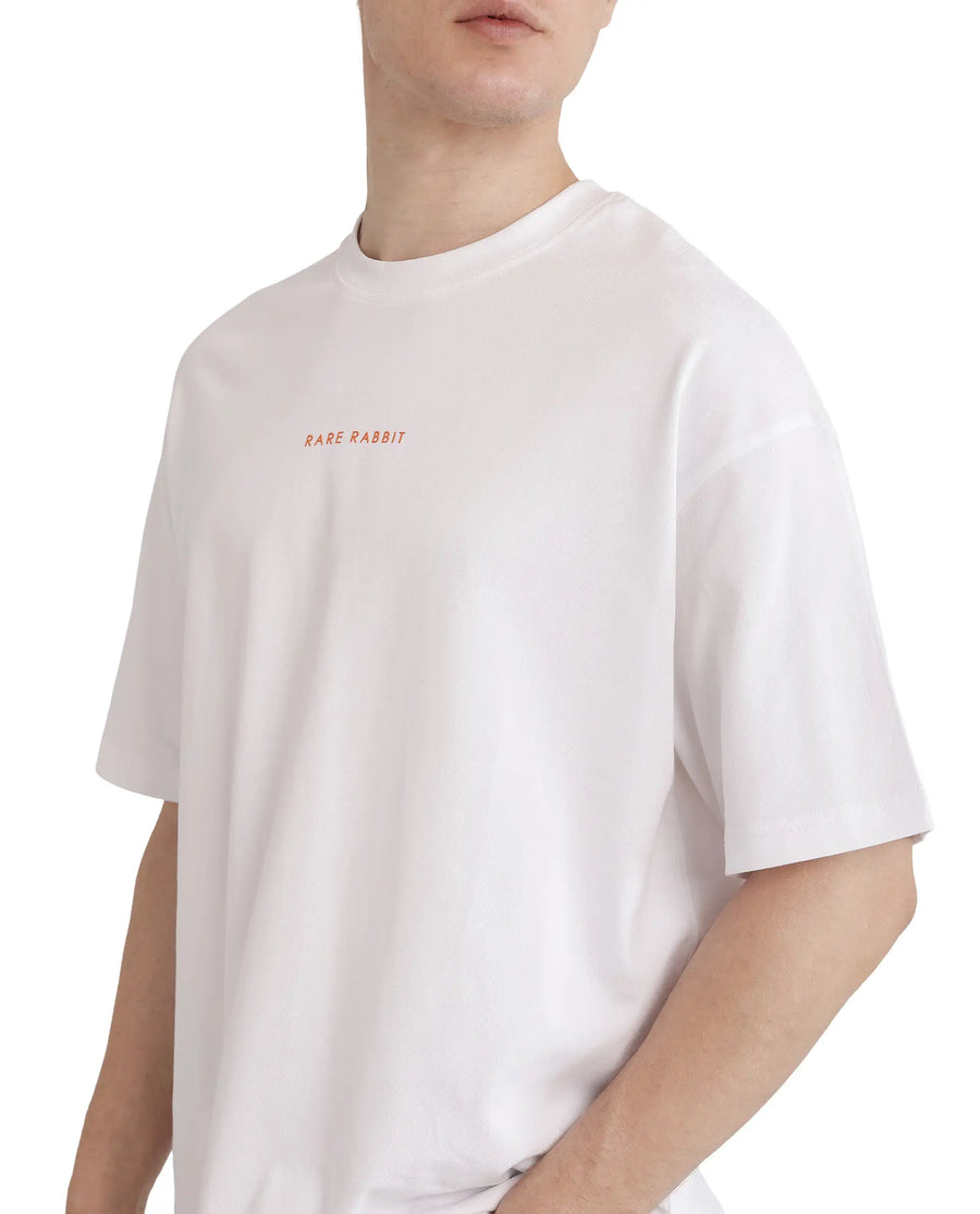 Rare Rabbit Men's Len White Cotton Blend Typography Print Oversized Fit Half Sleeve Crew Neck T-Shirt