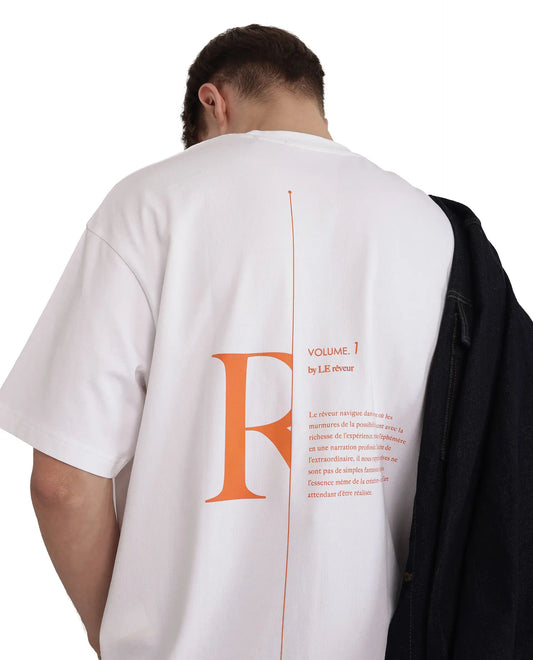 Rare Rabbit Men's Len White Cotton Blend Typography Print Oversized Fit Half Sleeve Crew Neck T-Shirt