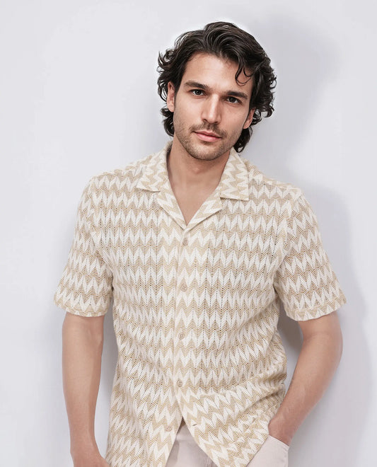 Rare Rabbit Men's Leos Beige Cotton Textured Boxy Fit Half Sleeve Cuban Collar Shirt