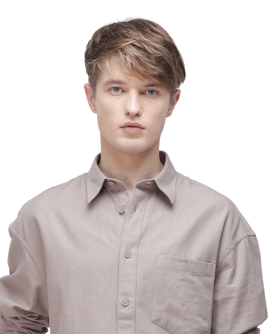 Rare Rabbit Men's Let Dark Beige Cotton Plain Boxy Fit Full Sleeve Collared Shirt