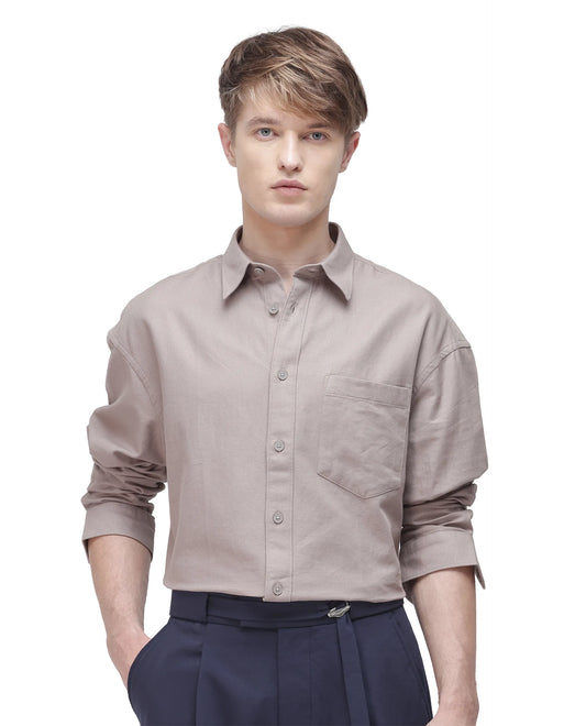 Rare Rabbit Men's Let Dark Beige Cotton Plain Boxy Fit Full Sleeve Collared Shirt