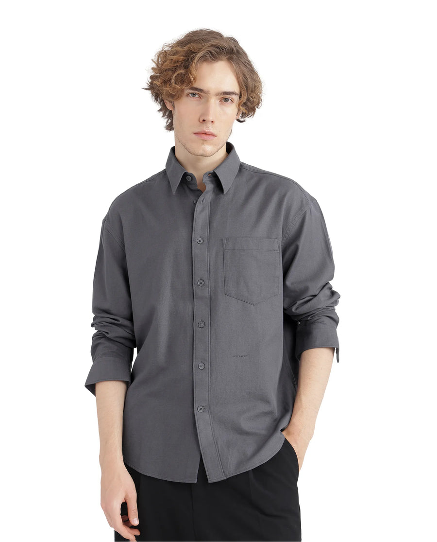 Rare Rabbit Men's Let Dark Grey Cotton Blend Plain Boxy Fit Full Sleeve Collared Shirt