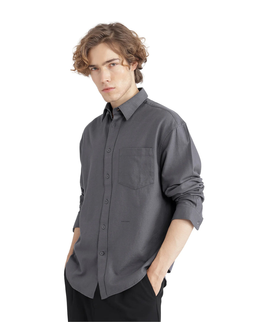 Rare Rabbit Men's Let Dark Grey Cotton Blend Plain Boxy Fit Full Sleeve Collared Shirt