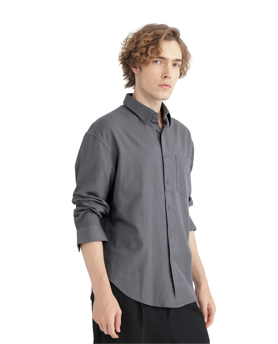 Rare Rabbit Men's Let Dark Grey Cotton Blend Plain Boxy Fit Full Sleeve Collared Shirt