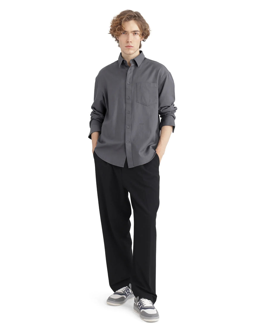 Rare Rabbit Men's Let Dark Grey Cotton Blend Plain Boxy Fit Full Sleeve Collared Shirt
