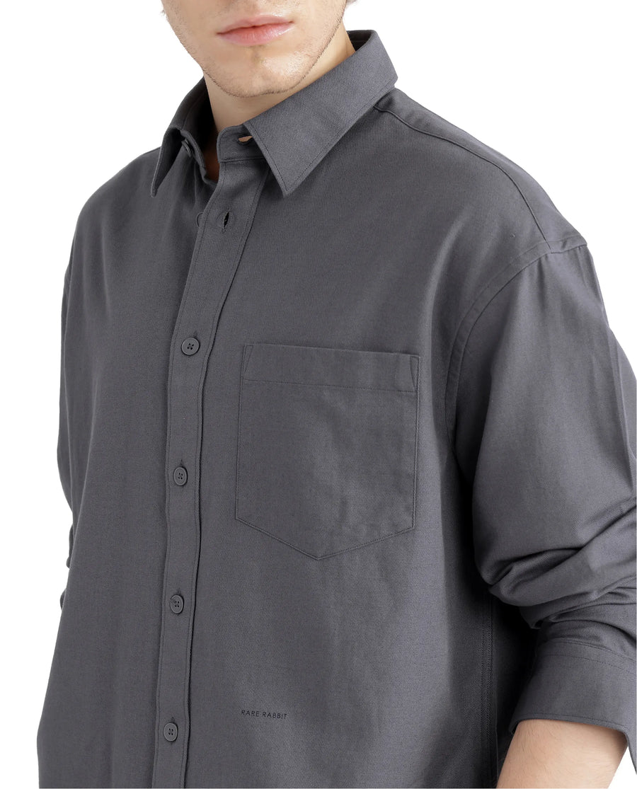 Rare Rabbit Men's Let Dark Grey Cotton Blend Plain Boxy Fit Full Sleeve Collared Shirt