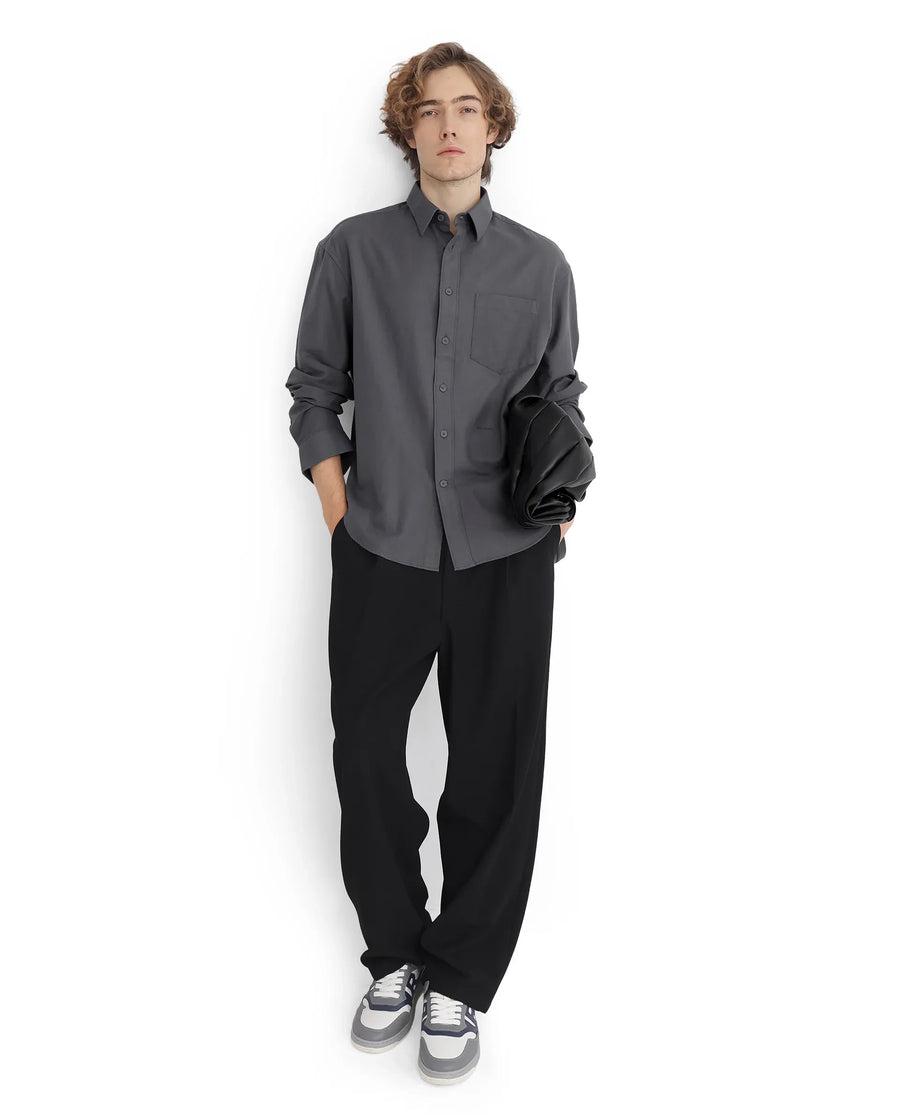 Rare Rabbit Men's Let Dark Grey Cotton Blend Plain Boxy Fit Full Sleeve Collared Shirt