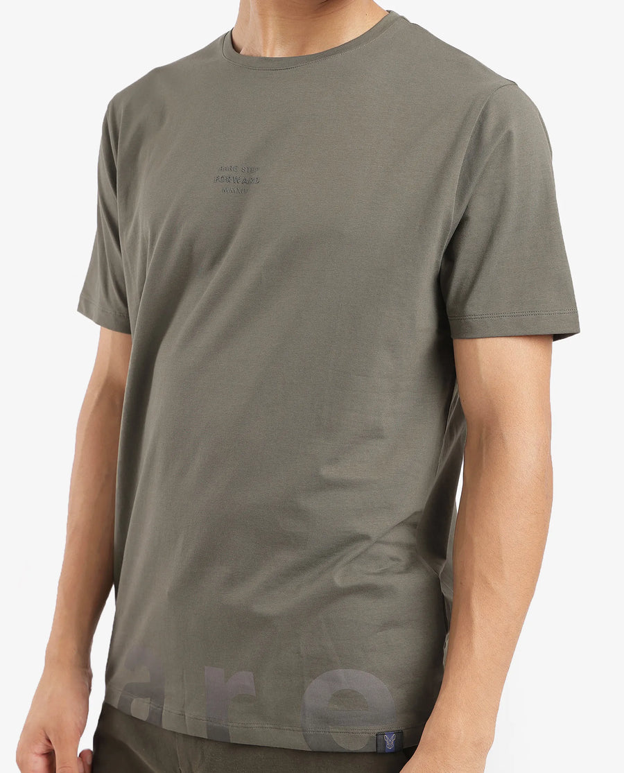 Rare Rabbit Men's Let Dusky Green Cotton Blend Graphic Print Regular Fit Half Sleeve Crew Neck T-Shirt