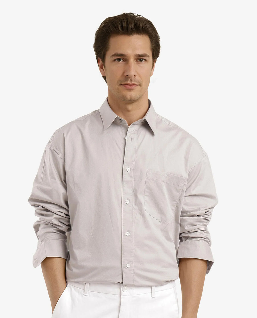 Rare Rabbit Men's Lewi Light Grey Cotton Plain Boxy Fit Full Sleeve Collared Shirt