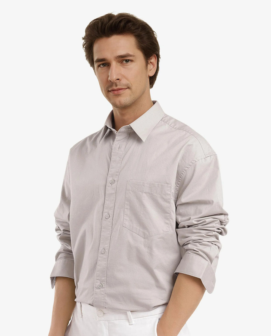 Rare Rabbit Men's Lewi Light Grey Cotton Plain Boxy Fit Full Sleeve Collared Shirt