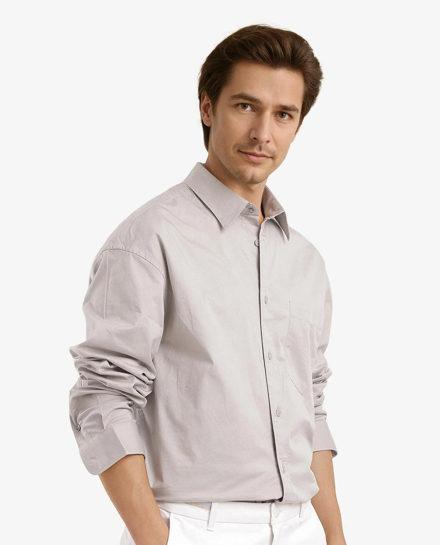 Rare Rabbit Men's Lewi Light Grey Cotton Plain Boxy Fit Full Sleeve Collared Shirt