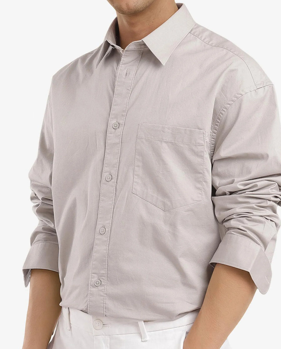 Rare Rabbit Men's Lewi Light Grey Cotton Plain Boxy Fit Full Sleeve Collared Shirt