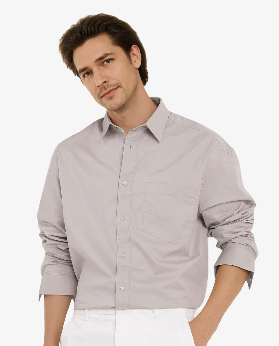 Rare Rabbit Men's Lewi Light Grey Cotton Plain Boxy Fit Full Sleeve Collared Shirt