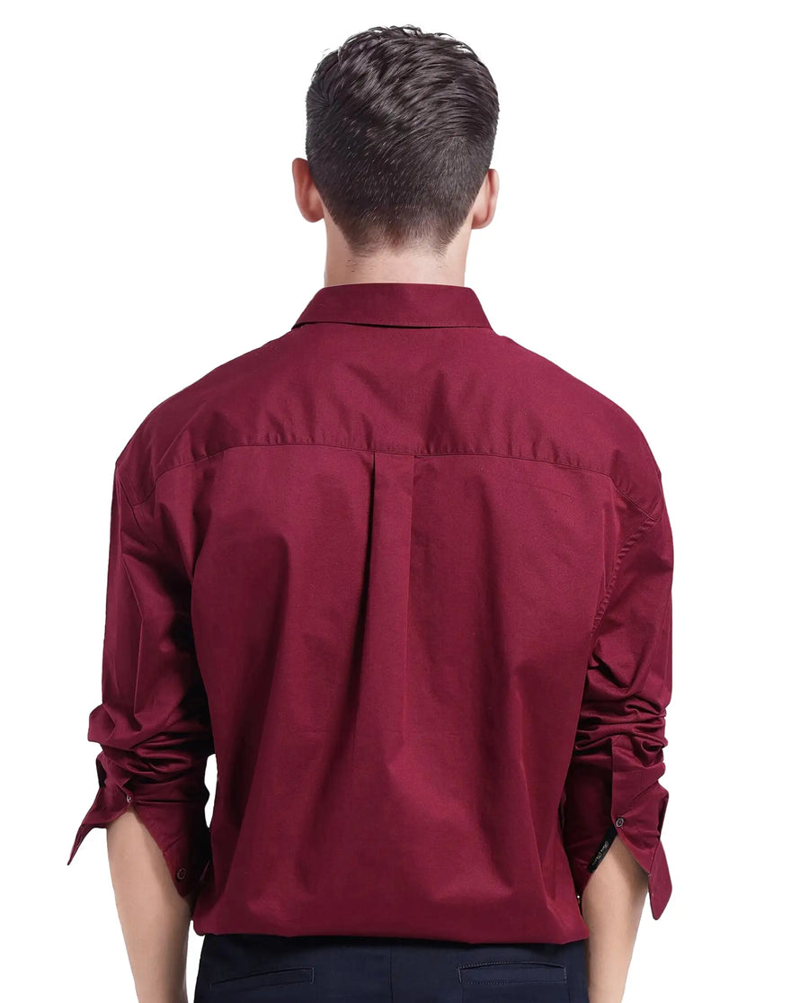 Rare Rabbit Men's Lewi Maroon Cotton Plain Boxy Fit Full Sleeve Collared Shirt
