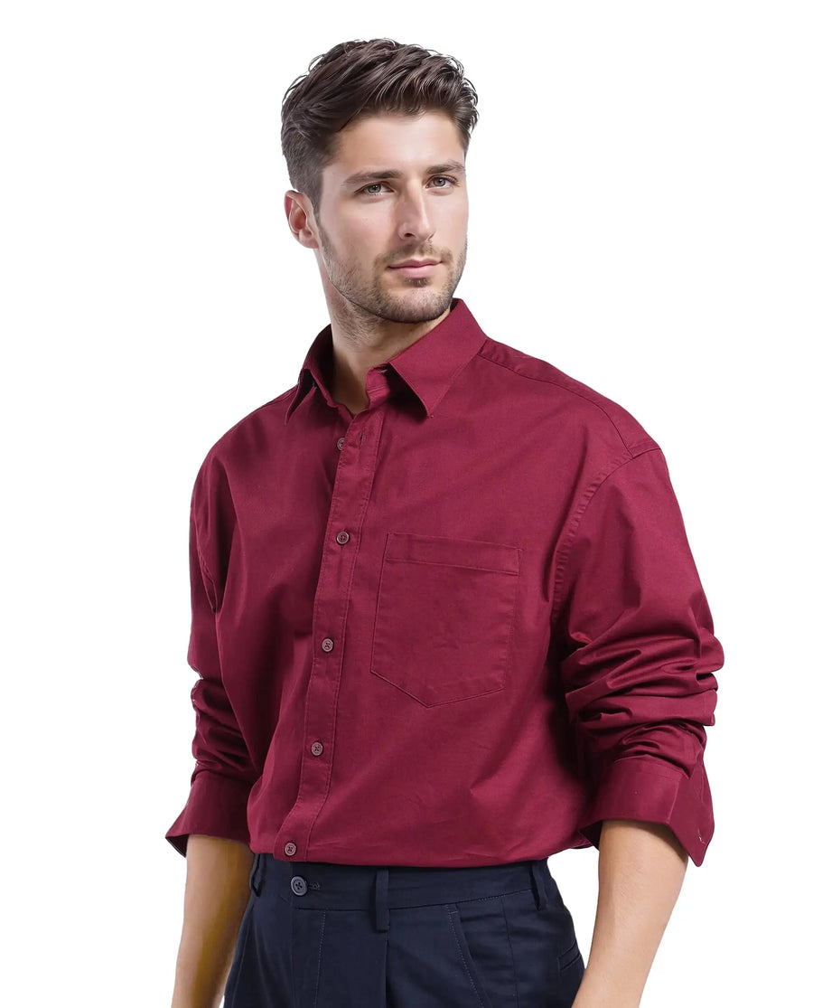 Rare Rabbit Men's Lewi Maroon Cotton Plain Boxy Fit Full Sleeve Collared Shirt