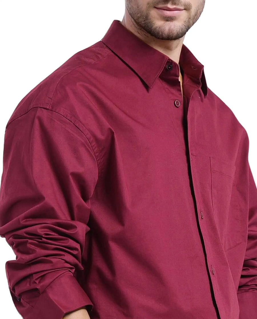 Rare Rabbit Men's Lewi Maroon Cotton Plain Boxy Fit Full Sleeve Collared Shirt