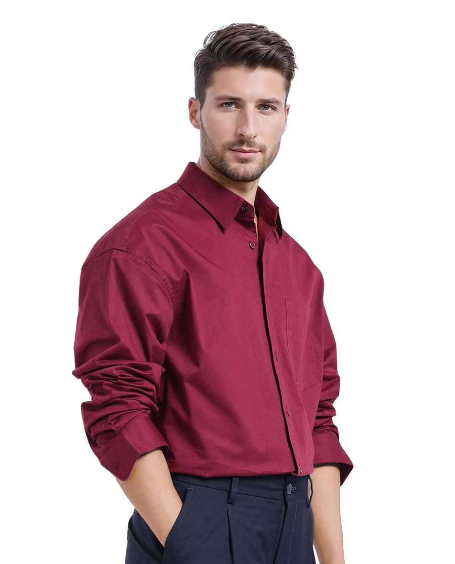 Rare Rabbit Men's Lewi Maroon Cotton Plain Boxy Fit Full Sleeve Collared Shirt