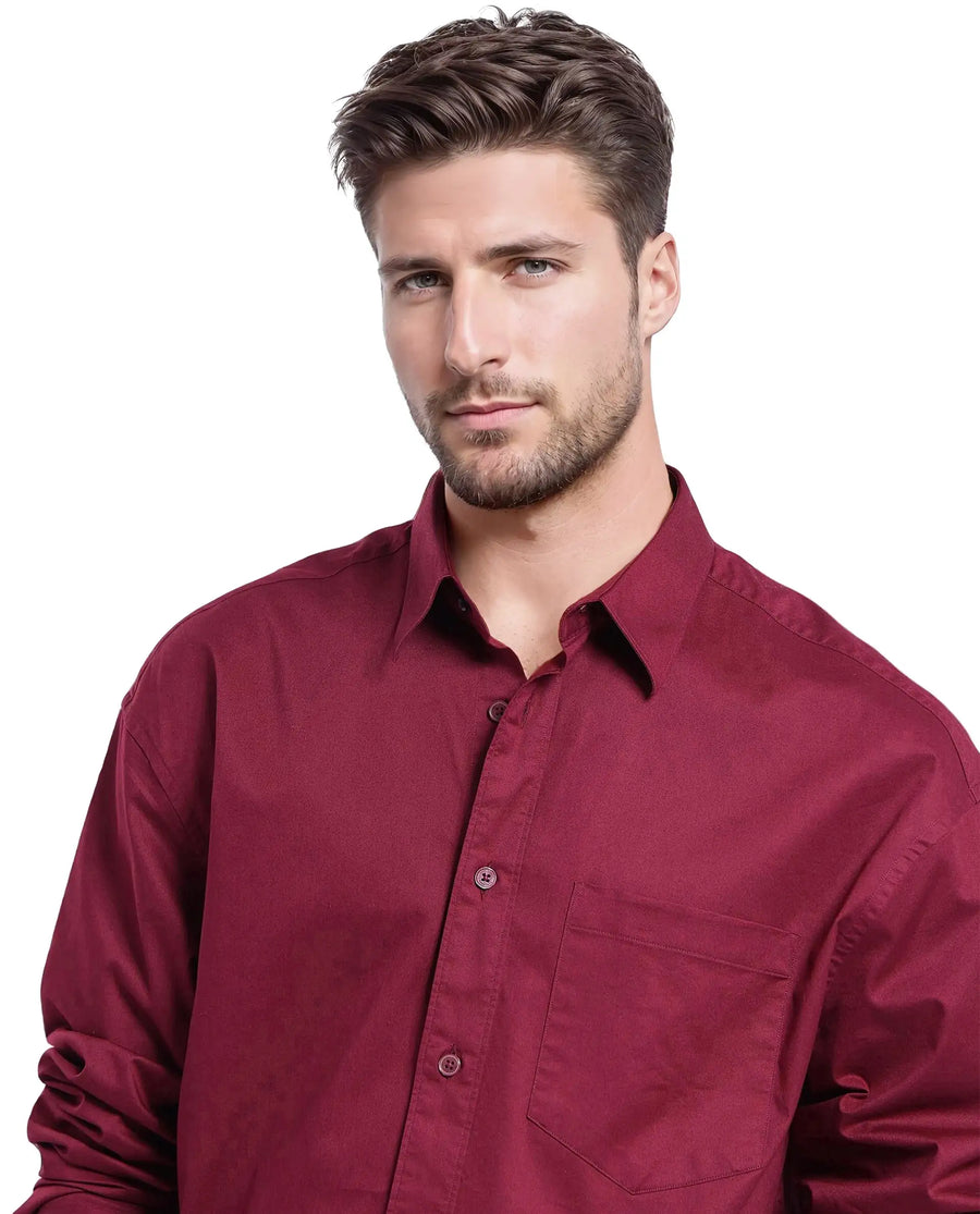Rare Rabbit Men's Lewi Maroon Cotton Plain Boxy Fit Full Sleeve Collared Shirt