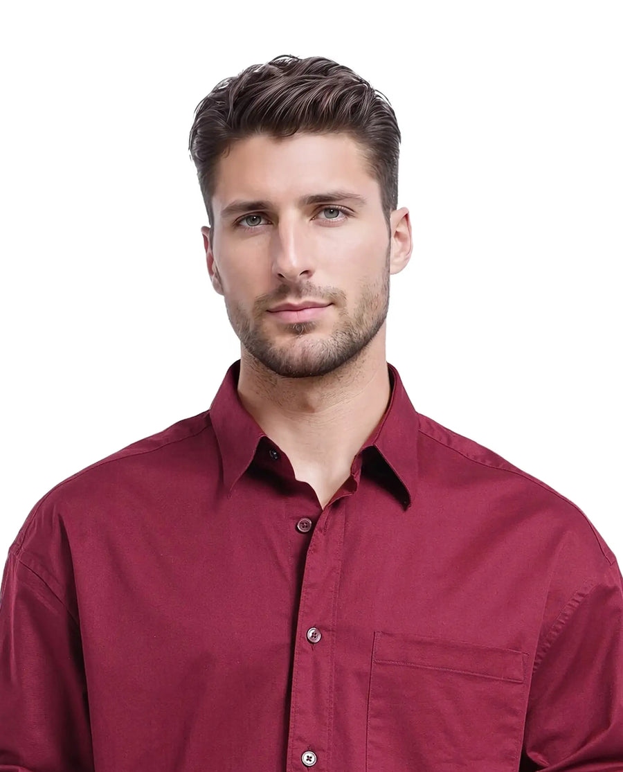Rare Rabbit Men's Lewi Maroon Cotton Plain Boxy Fit Full Sleeve Collared Shirt