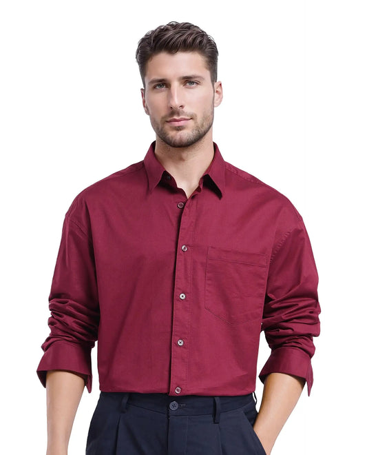 Rare Rabbit Men's Lewi Maroon Cotton Plain Boxy Fit Full Sleeve Collared Shirt