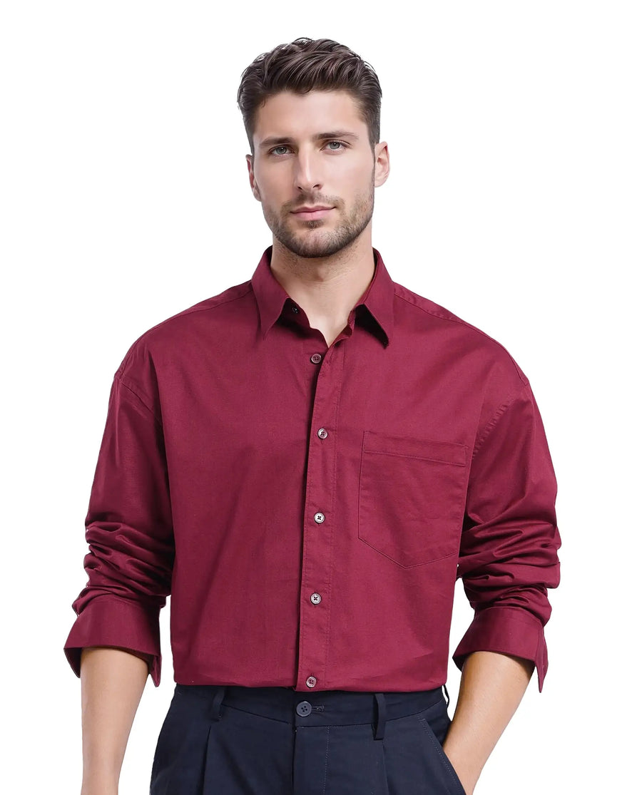 Rare Rabbit Men's Lewi Maroon Cotton Plain Boxy Fit Full Sleeve Collared Shirt