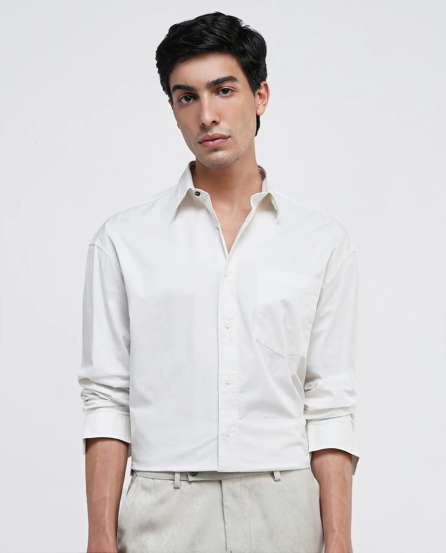 Rare Rabbit Men's Lewi Off White Cotton Plain Boxy Fit Full Sleeve Collared Shirt