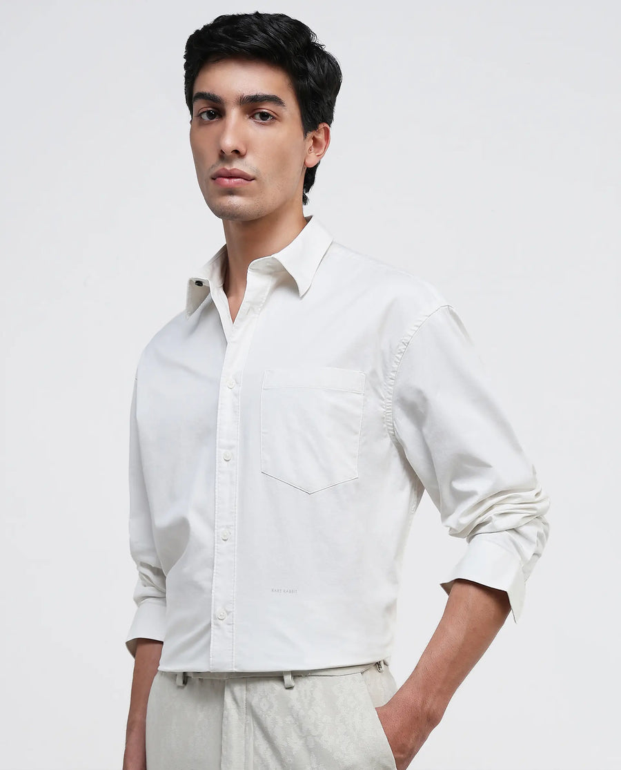 Rare Rabbit Men's Lewi Off White Cotton Plain Boxy Fit Full Sleeve Collared Shirt