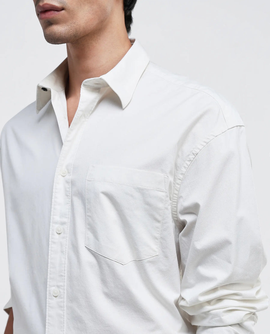 Rare Rabbit Men's Lewi Off White Cotton Plain Boxy Fit Full Sleeve Collared Shirt