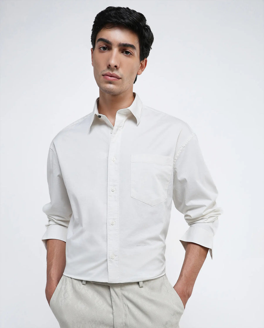 Rare Rabbit Men's Lewi Off White Cotton Plain Boxy Fit Full Sleeve Collared Shirt
