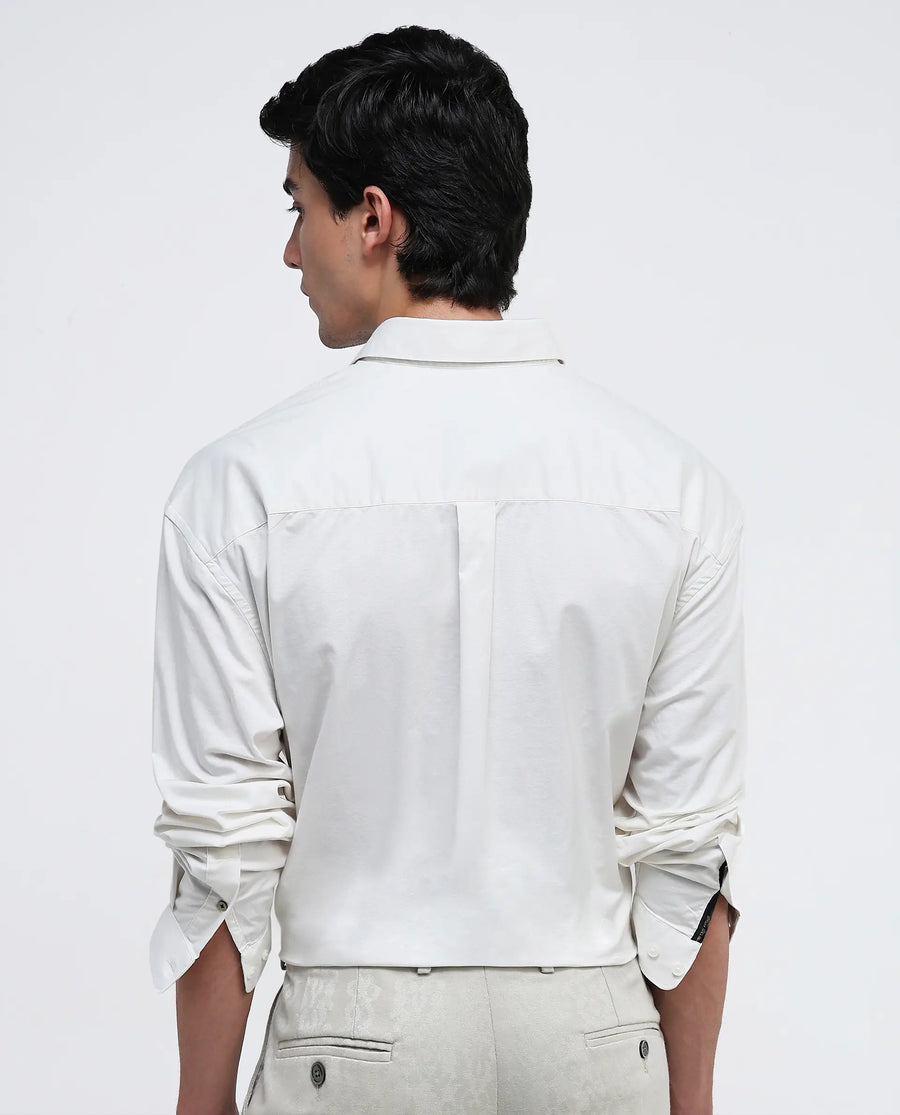 Rare Rabbit Men's Lewi Off White Cotton Plain Boxy Fit Full Sleeve Collared Shirt