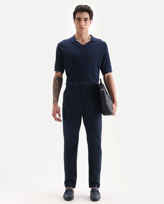 Rare Rabbit Men's Lewit Navy Cotton Plain Regular Fit Trouser