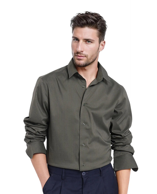 Rare Rabbit Men's Lews Dark Olive Cotton Plain Regular Fit Full Sleeve Collared Shirt