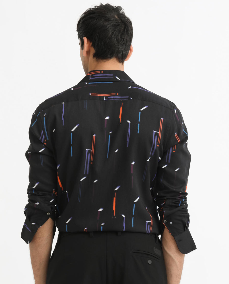 Rare Rabbit Men's Lexa Black Cotton Geometric Print Regular Fit Full Sleeve Cuban Collar Shirt