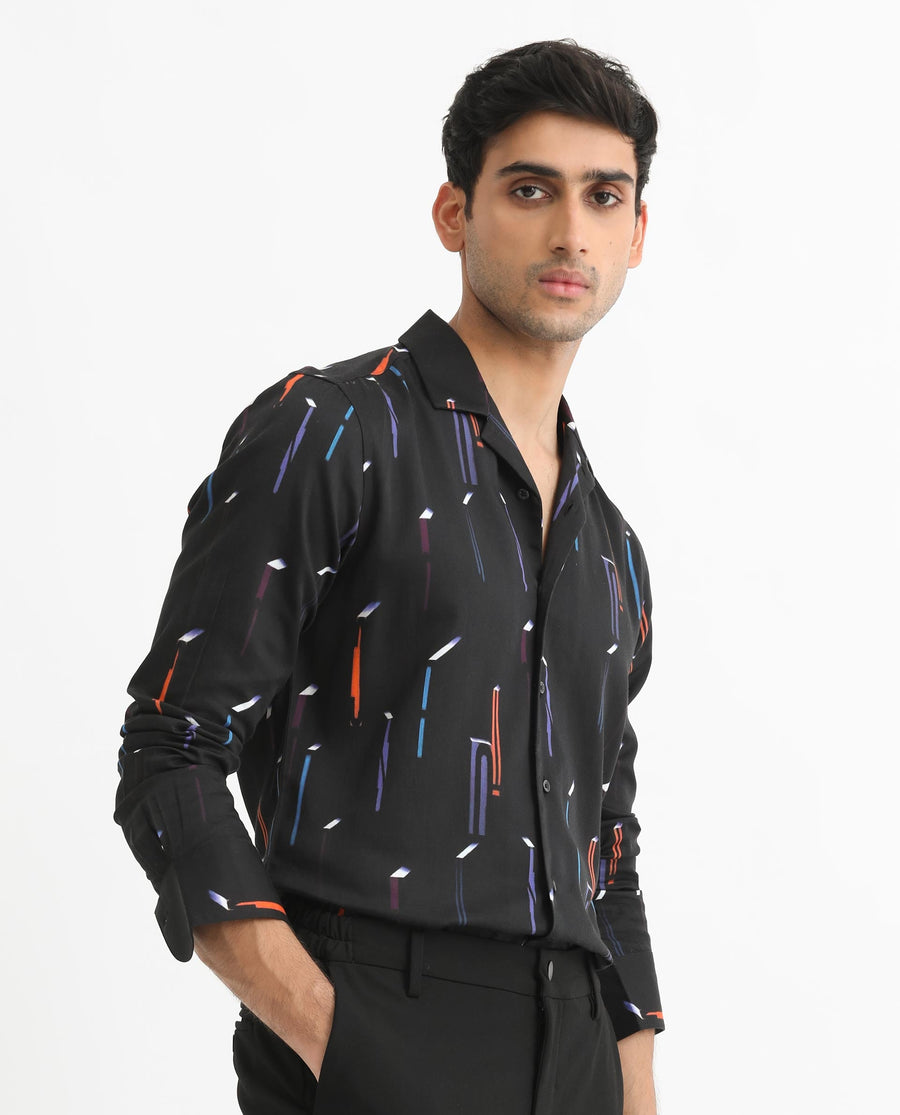 Rare Rabbit Men's Lexa Black Cotton Geometric Print Regular Fit Full Sleeve Cuban Collar Shirt
