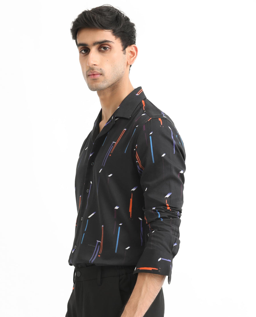 Rare Rabbit Men's Lexa Black Cotton Geometric Print Regular Fit Full Sleeve Cuban Collar Shirt