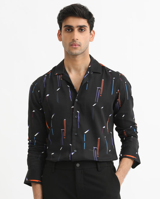 Rare Rabbit Men's Lexa Black Cotton Geometric Print Regular Fit Full Sleeve Cuban Collar Shirt