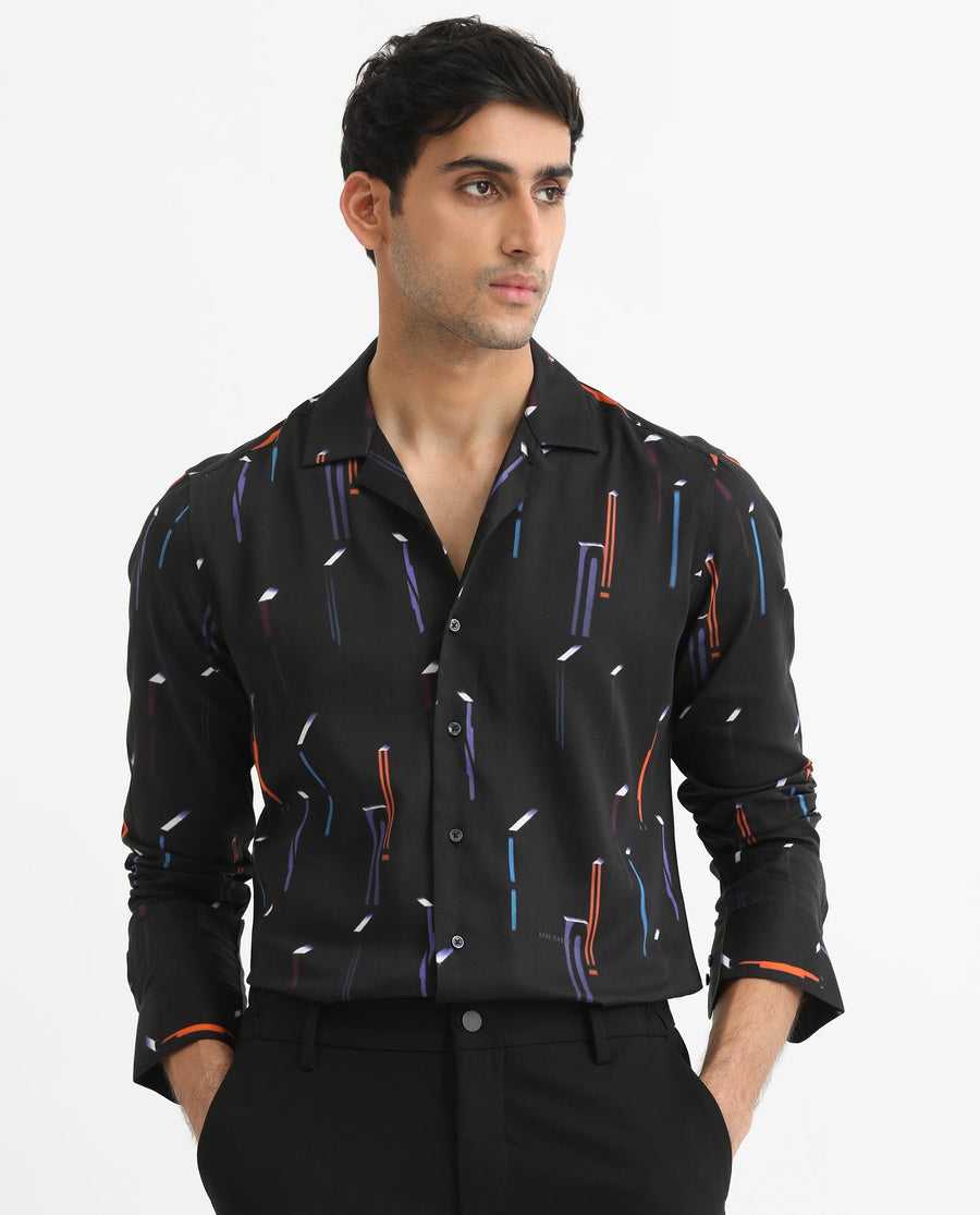 Rare Rabbit Men's Lexa Black Cotton Geometric Print Regular Fit Full Sleeve Cuban Collar Shirt