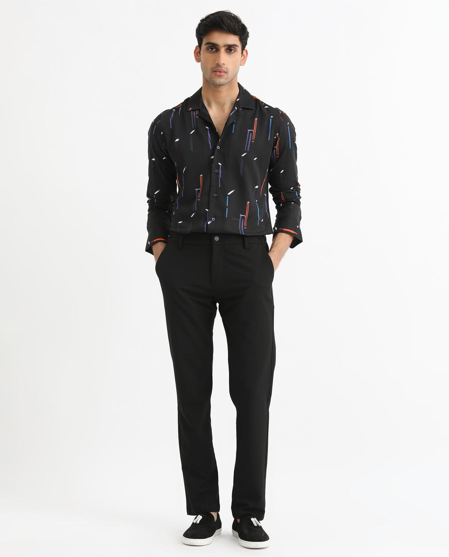 Rare Rabbit Men's Lexa Black Cotton Geometric Print Regular Fit Full Sleeve Cuban Collar Shirt