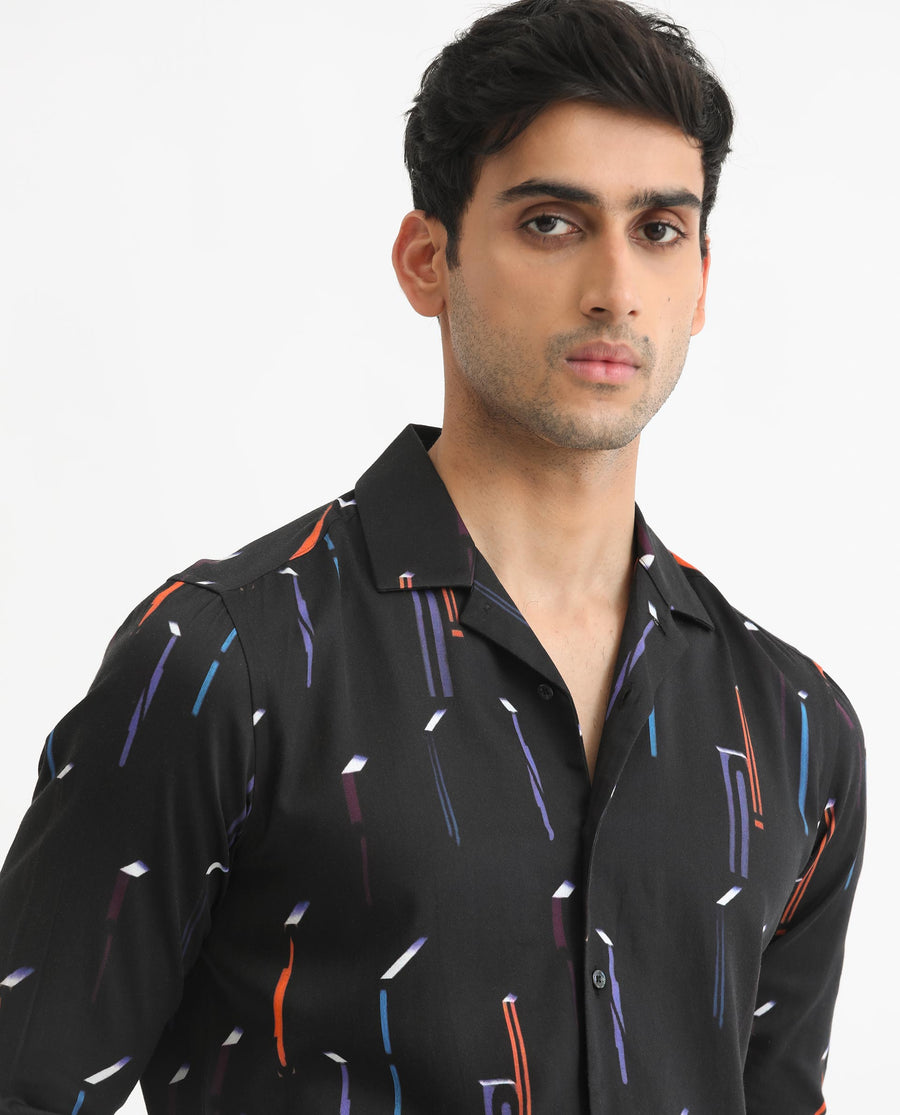 Rare Rabbit Men's Lexa Black Cotton Geometric Print Regular Fit Full Sleeve Cuban Collar Shirt