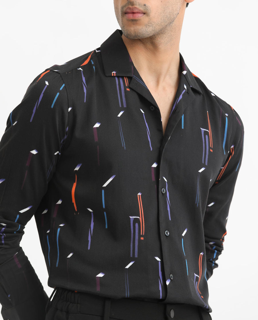 Rare Rabbit Men's Lexa Black Cotton Geometric Print Regular Fit Full Sleeve Cuban Collar Shirt